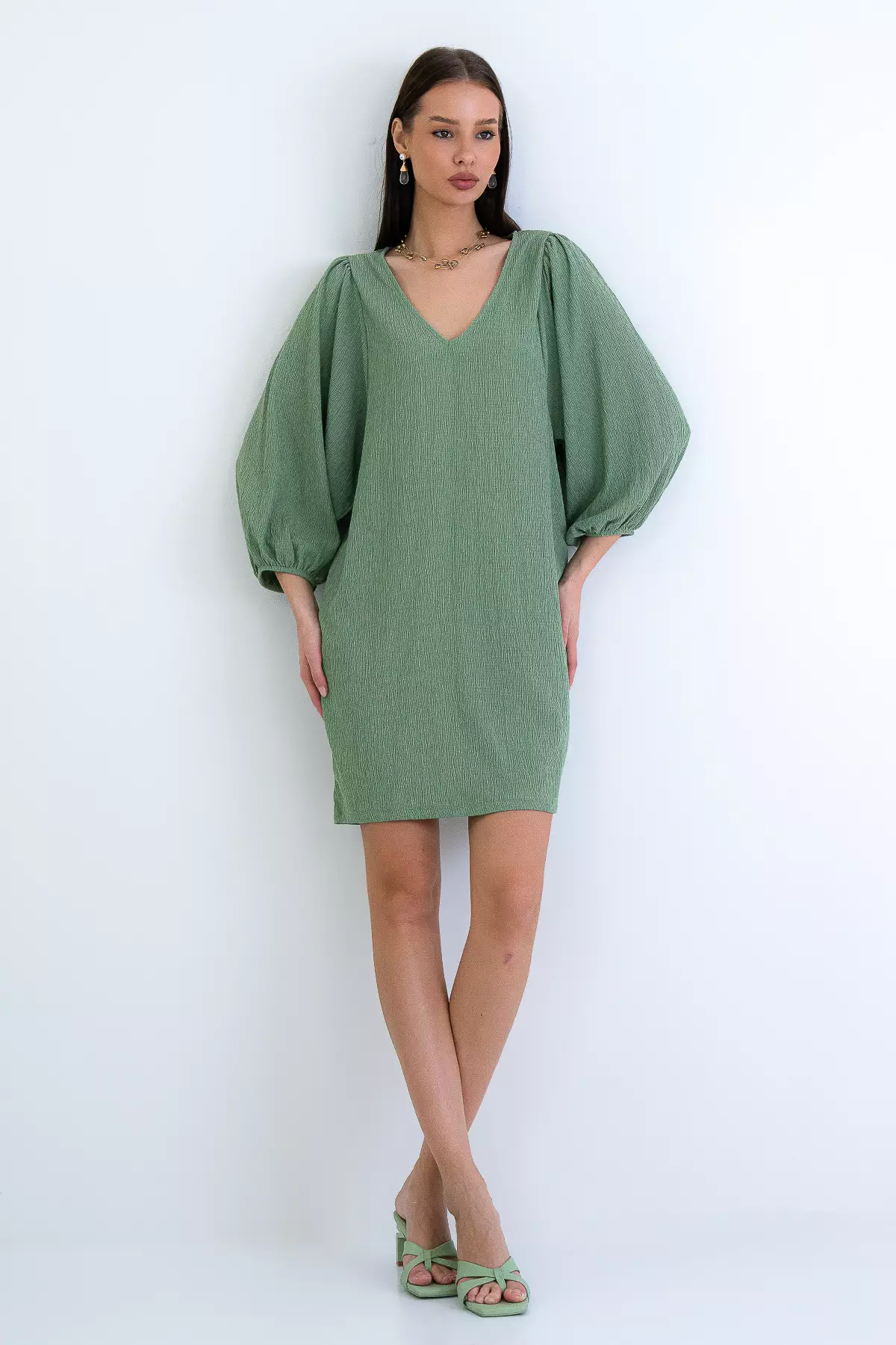 Khaki V-Neck Princess Sleeve Wrap Mini Dress Alc-X15160