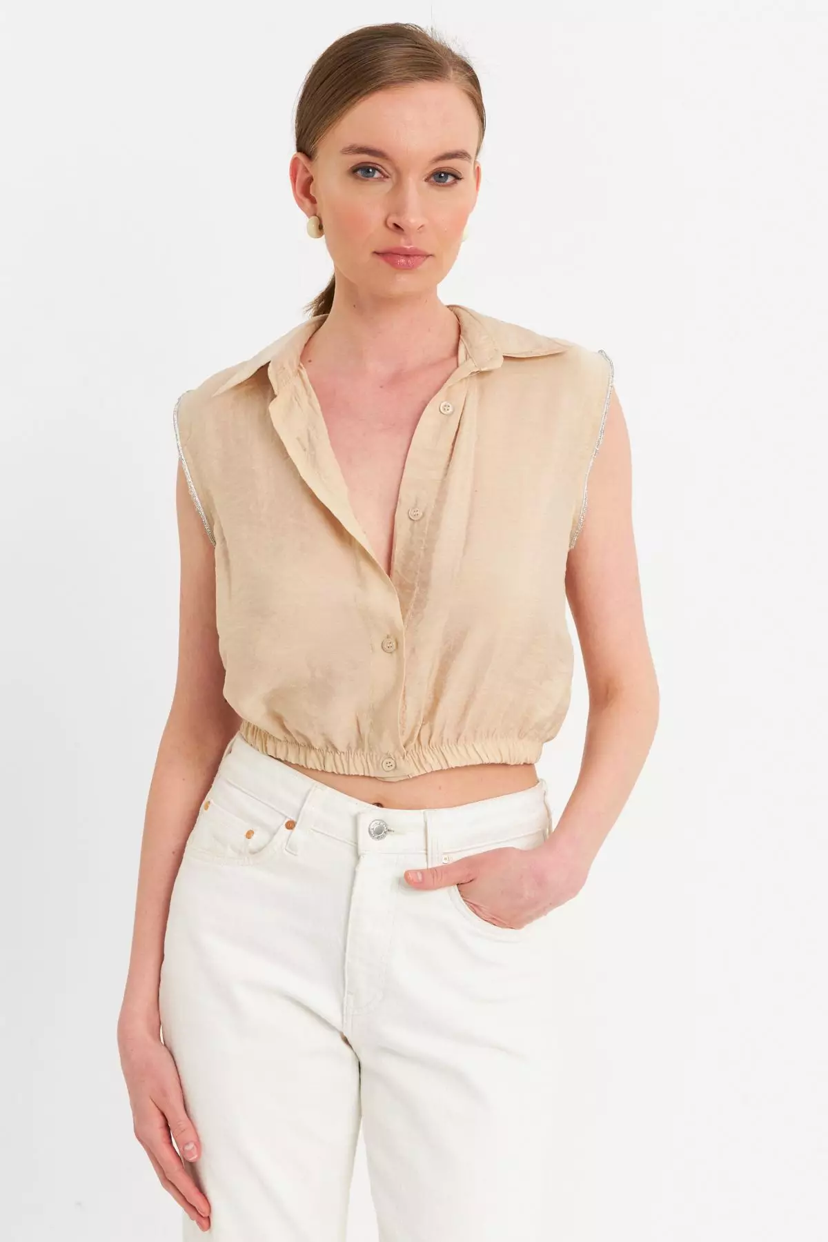 Stone Detailed Crop Shirt