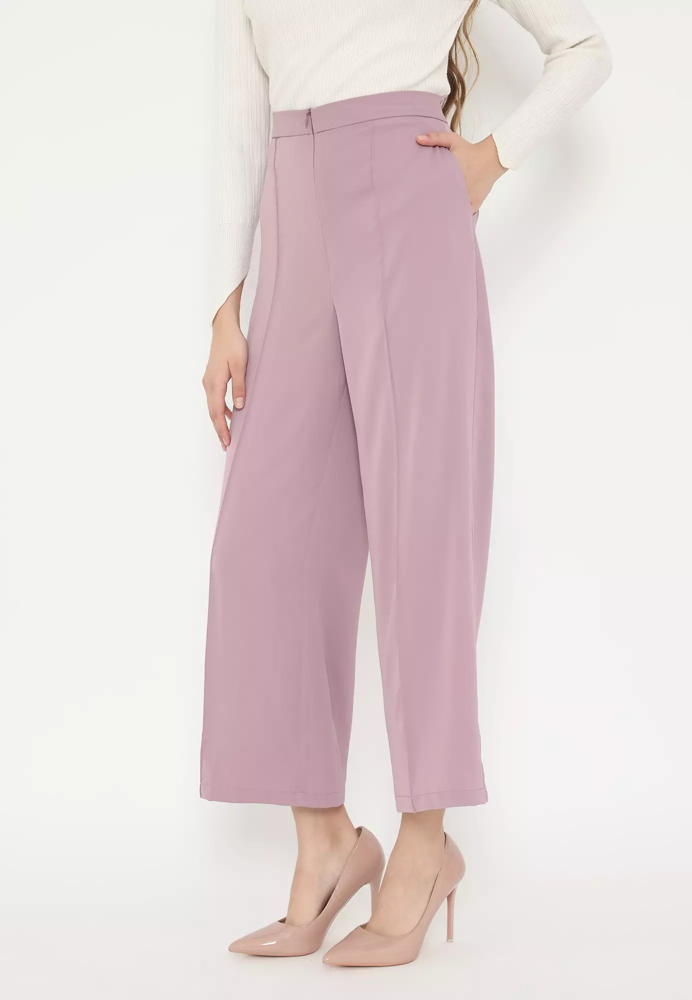 Pants Culote Soft Pink High Waist Leg Pants Look Elegan By Brilliant Girl Warna Putih Warna PINK