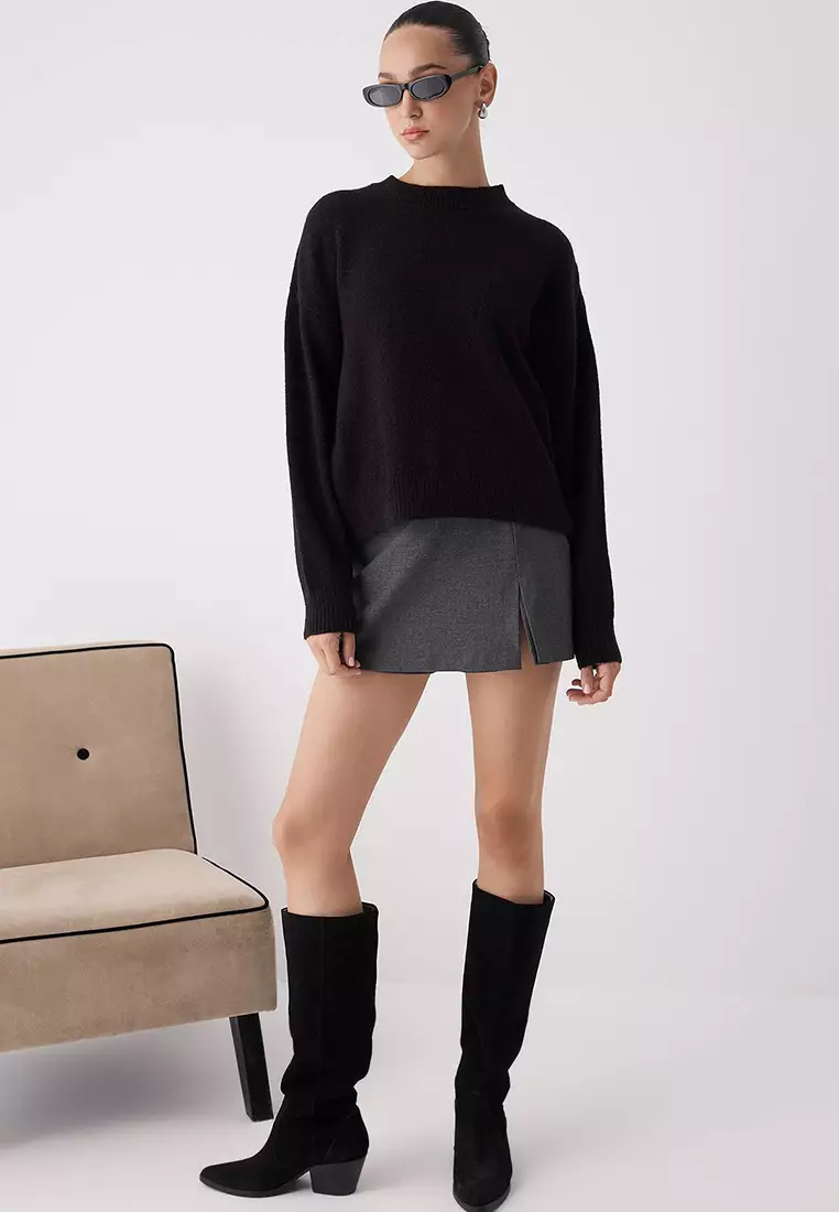 Black Alpaca Wool Blended Premium/Special Yarn Wide Fit Basic Knitwear Sweater