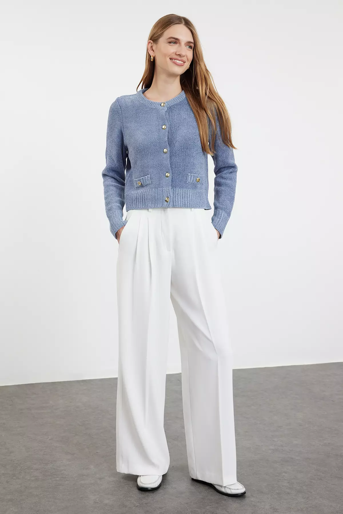 Blue Crop Premium Yarn/Special Yarn Pocket Detailed Jacket-Look Knitwear Cardigan TWOAW24HI00051