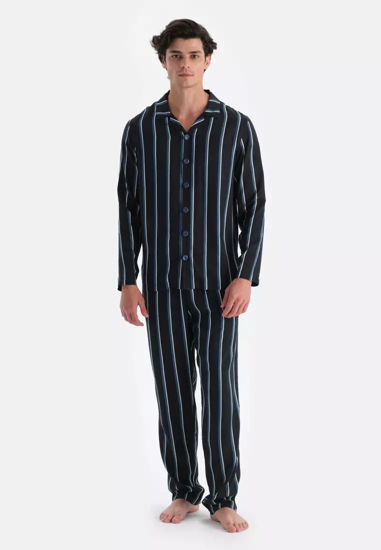 Navy Shirt, Striped, Regular Fit, Long Sleeve Sleepwear for Men