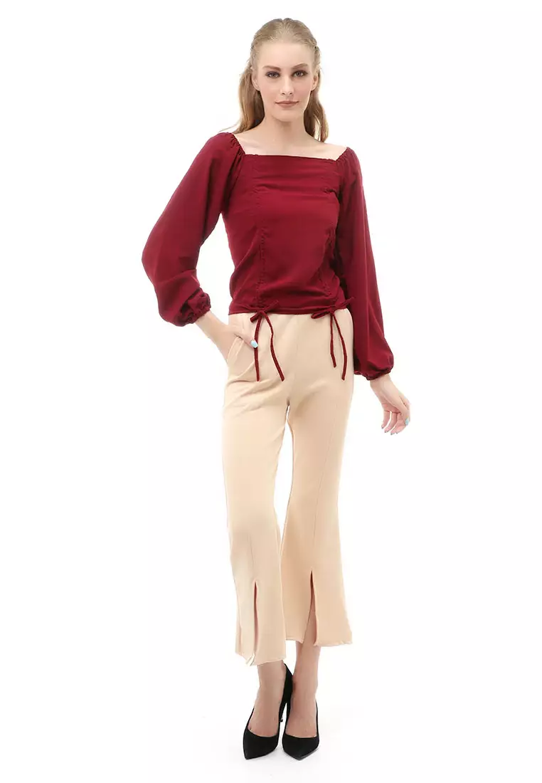 Cheva Blouse Atasan Wanita Sabrina Tali Lengan Panjang Casual Top Long Sleeve Comfortable Material Wolfis ORIGINAL - Maroon