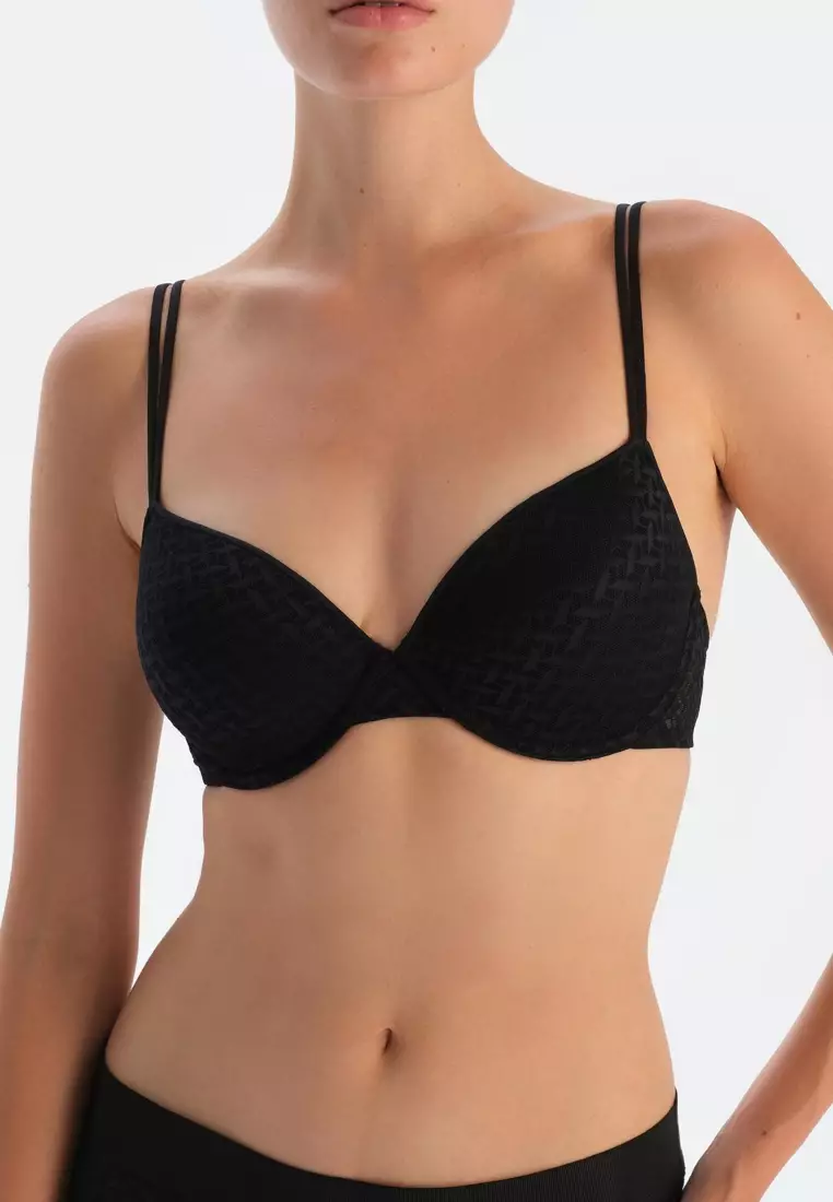 Black Lace Non-Padded Bra, Geometric Patterned, Regular Fit, Spacer Bra Pad, Underwire, Underwear for Women