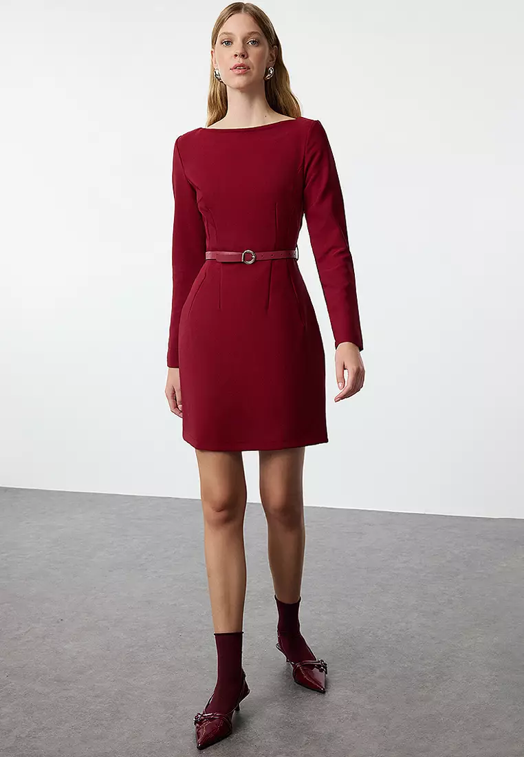Boat Neck Belted Mini Dress