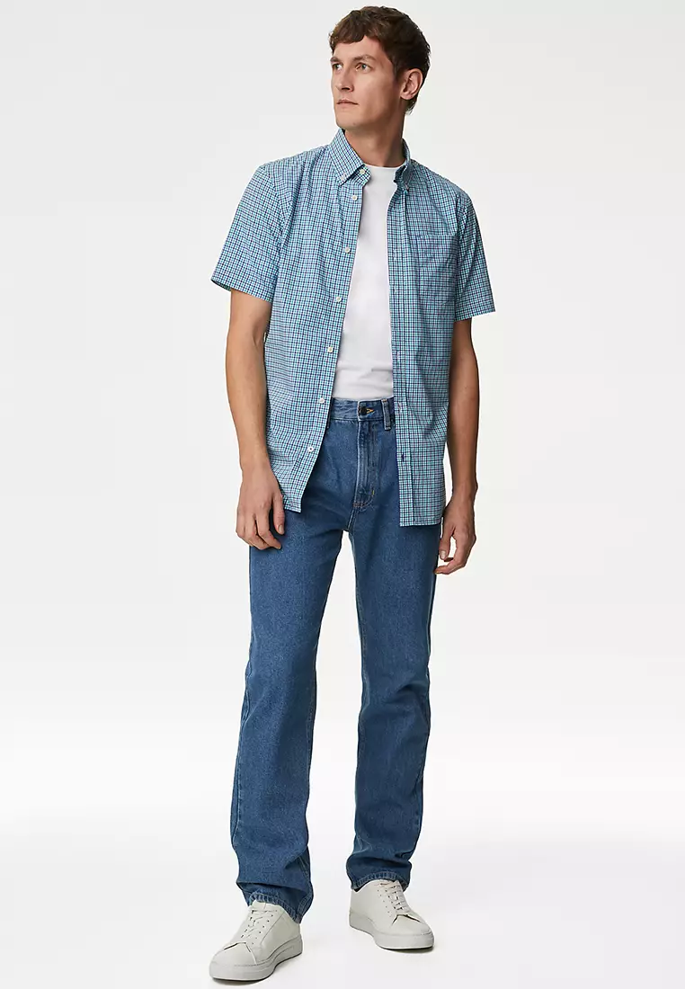 Easy Iron Cotton Stretch Gingham Check Oxford Shirt