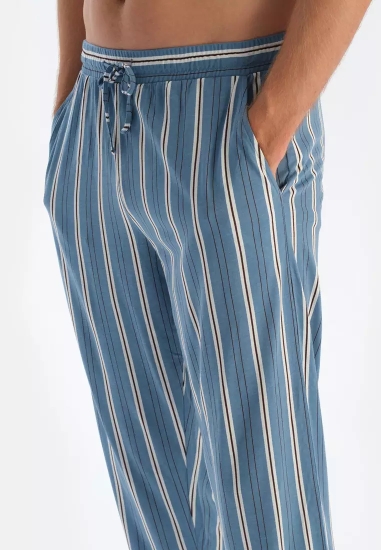 Blue T-Shirt & Trousers, Crew Neck, Regular Fit, Long Sleeve Sleepwear for Men