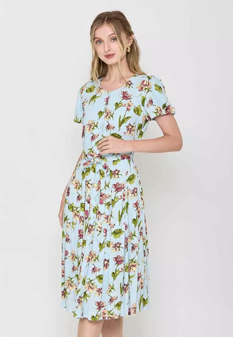 Lira Floral Print Pleated Short-Sleeve Dress