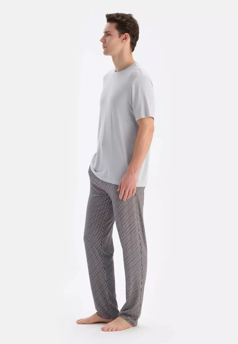 Ice Blue T-Shirt & Trousers Knitwear Set, Crew Neck, Regular, Long Leg, Short Sleeve Sleepwear for Men