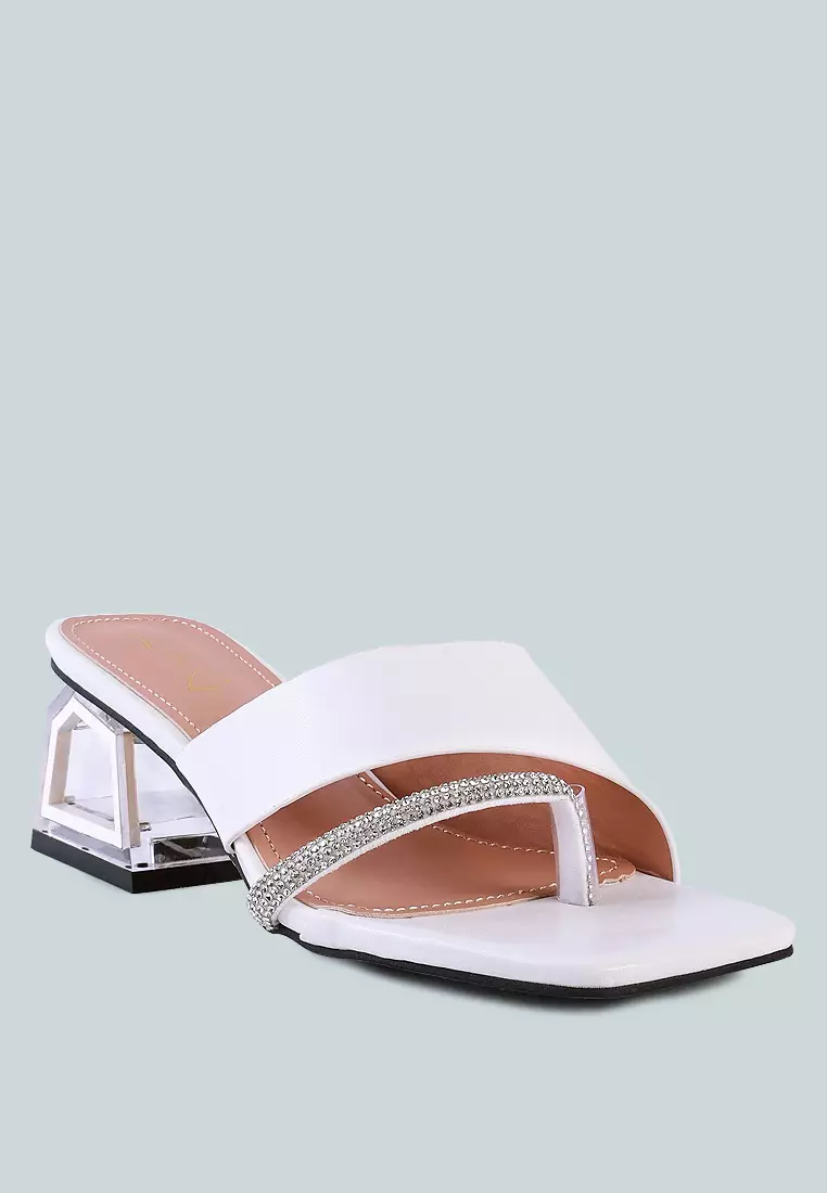 White Crystal Lined Low Heel Sandals
