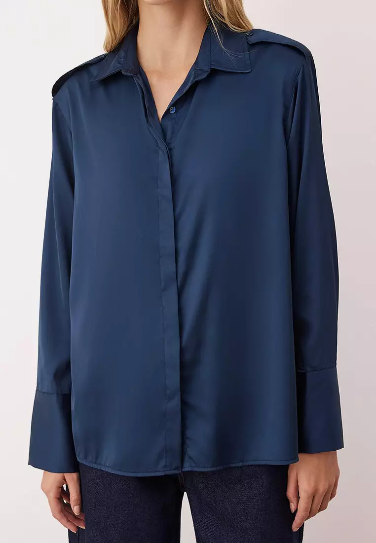 Navy Blue Epaulette Satin Shirt Twoaw26Go00039