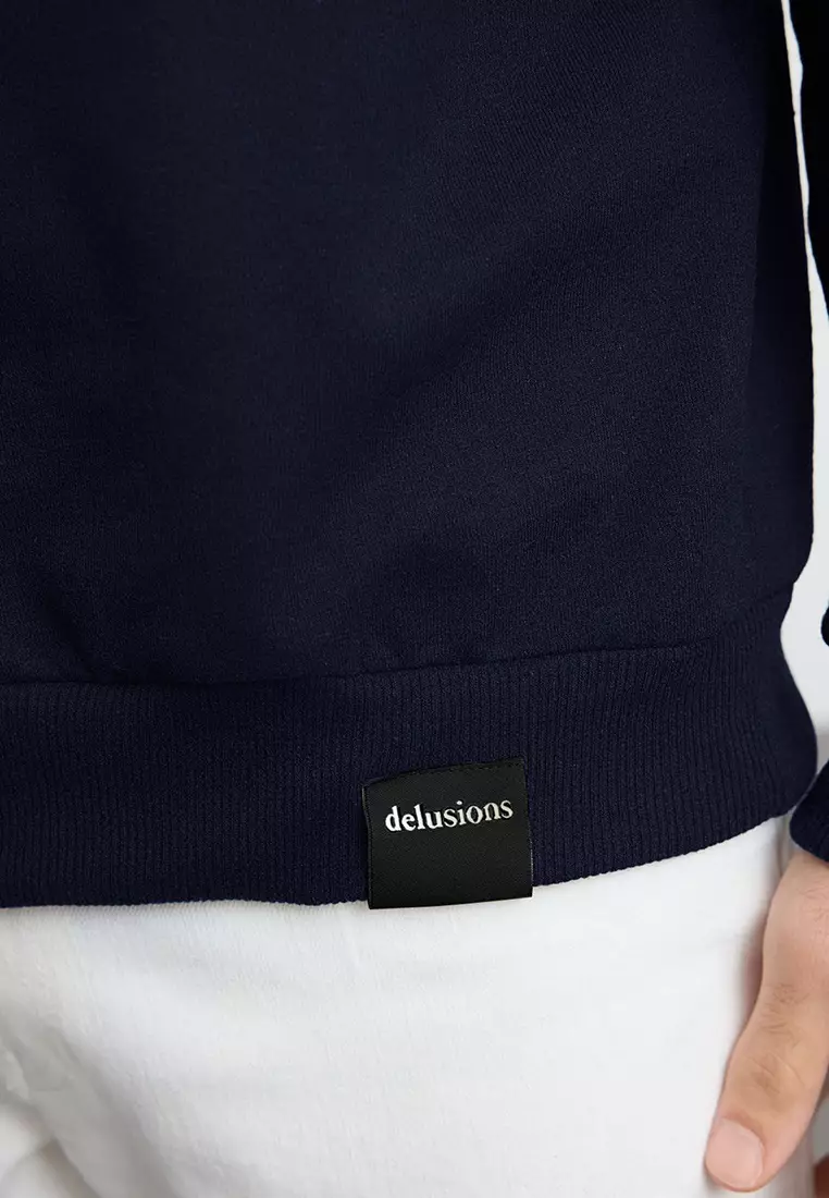 Navy Blue Oversize/Wide Cut Stand Collar Zippered Labeled Fleece Inside Sweatshirt TMNAW25SW00168