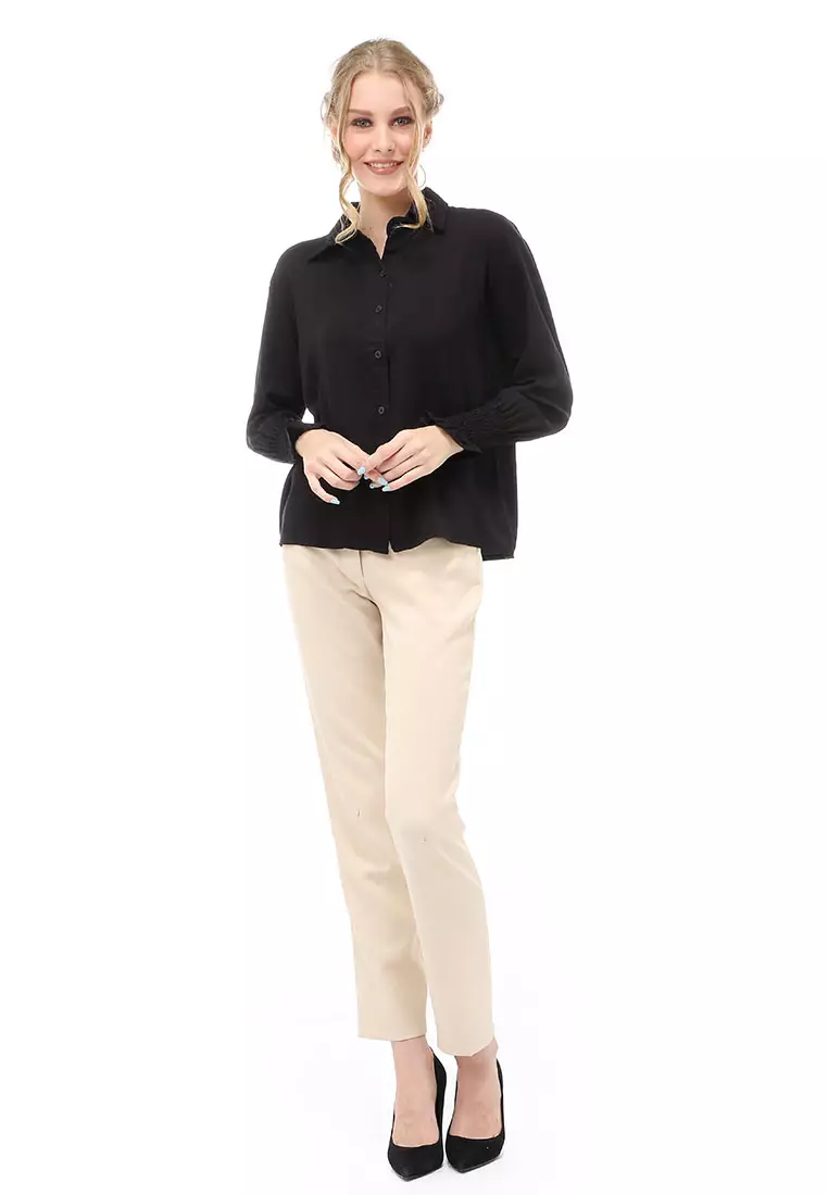 Holly Kemeja Atasan Kasual Wanita Model Lengan Karet Material Twill rayon ORIGINAL - Black