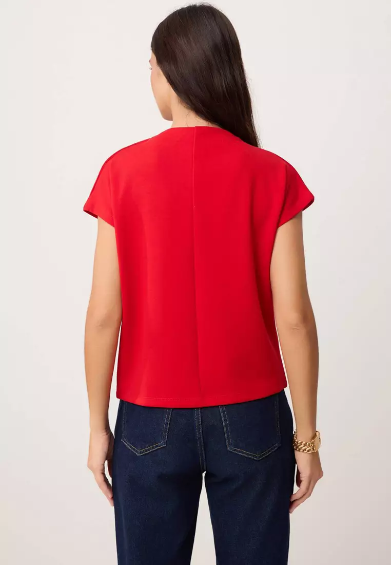 Red Regular/Normal Fit Mock Neck Accessory Detail Cropped Soft Touch Knitted Blouse Twoss26Bz21
