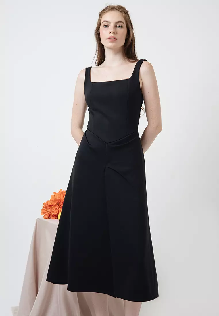Draped Waist Scuba Tank Dress in Black