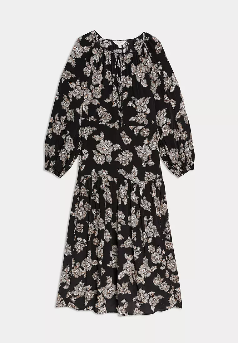 Crepe Floral Tie Neck Midaxi Waisted Dress