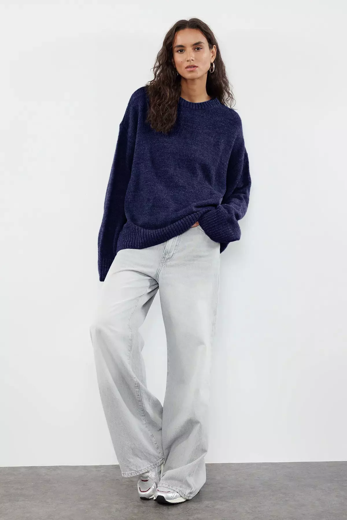 Navy Blue Wide Fit Soft Textured Knitwear Sweater