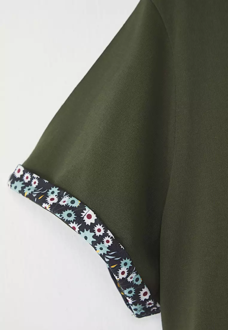 Khaki Sleeve And Hemline Floral Print Knitted Plus Size Dress Tbbss25Ah00190