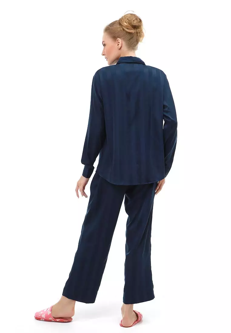 Vance Pajamas Salur Setelan Baju Tidur Wanita Lengan Panjang Material Cotton Silky ORIGINAL - Blue