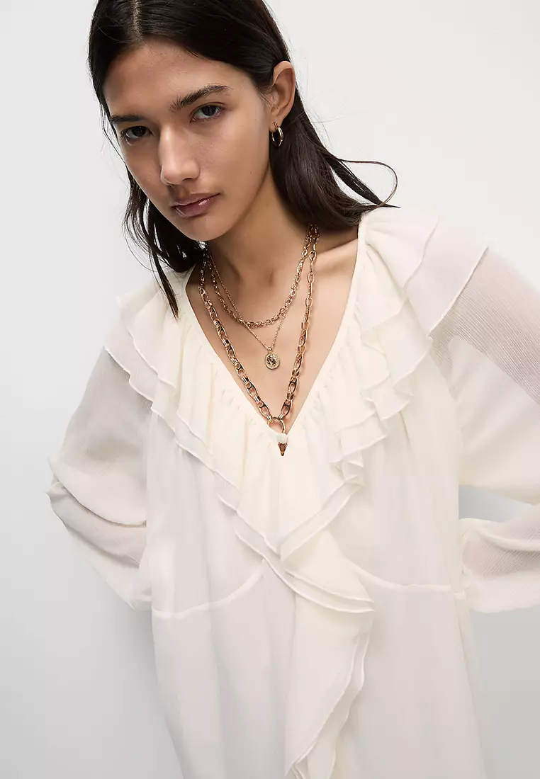 V-Neck Frill Detail Midaxi Smock Dress