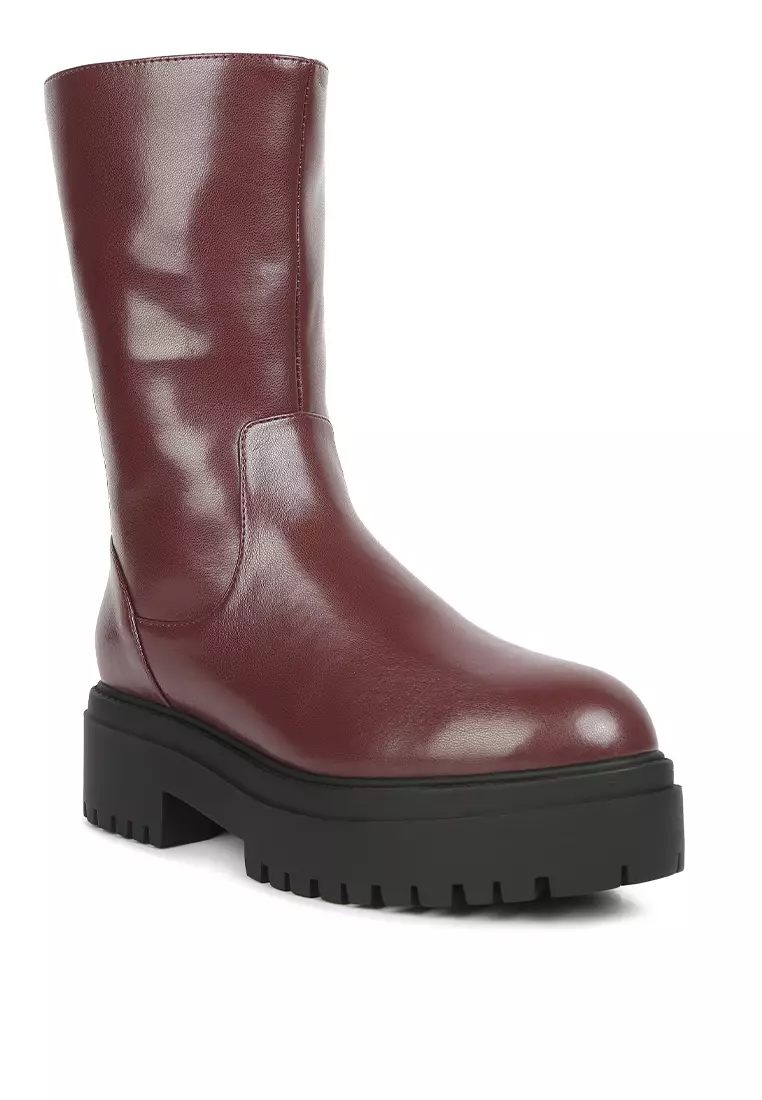 Burgundy Panelled Lug Sole Boots