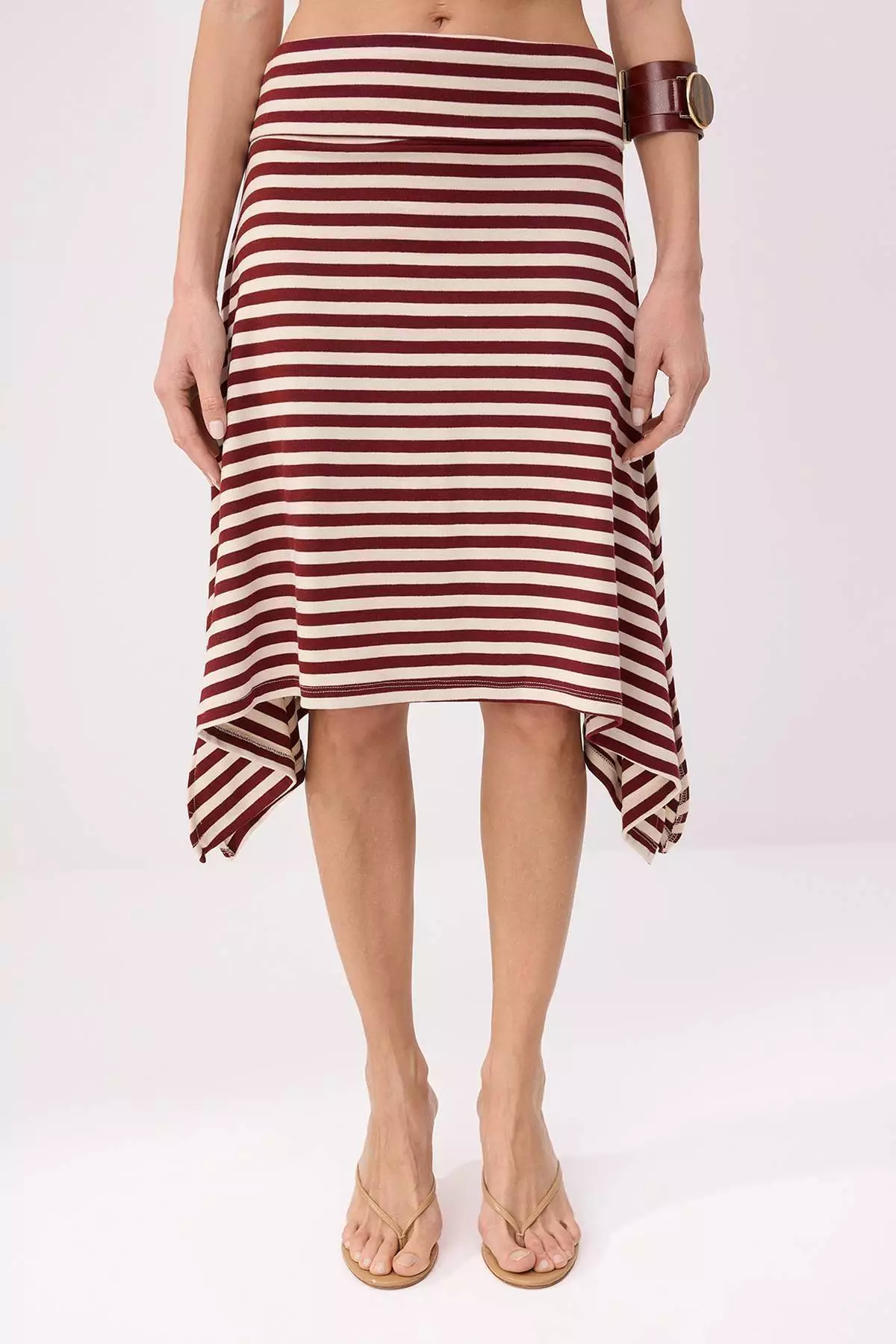 Multi-Colored Striped A-Line/ Bell-Shape Asymmetrical Soft Knitted Skirt Twoss26Et146