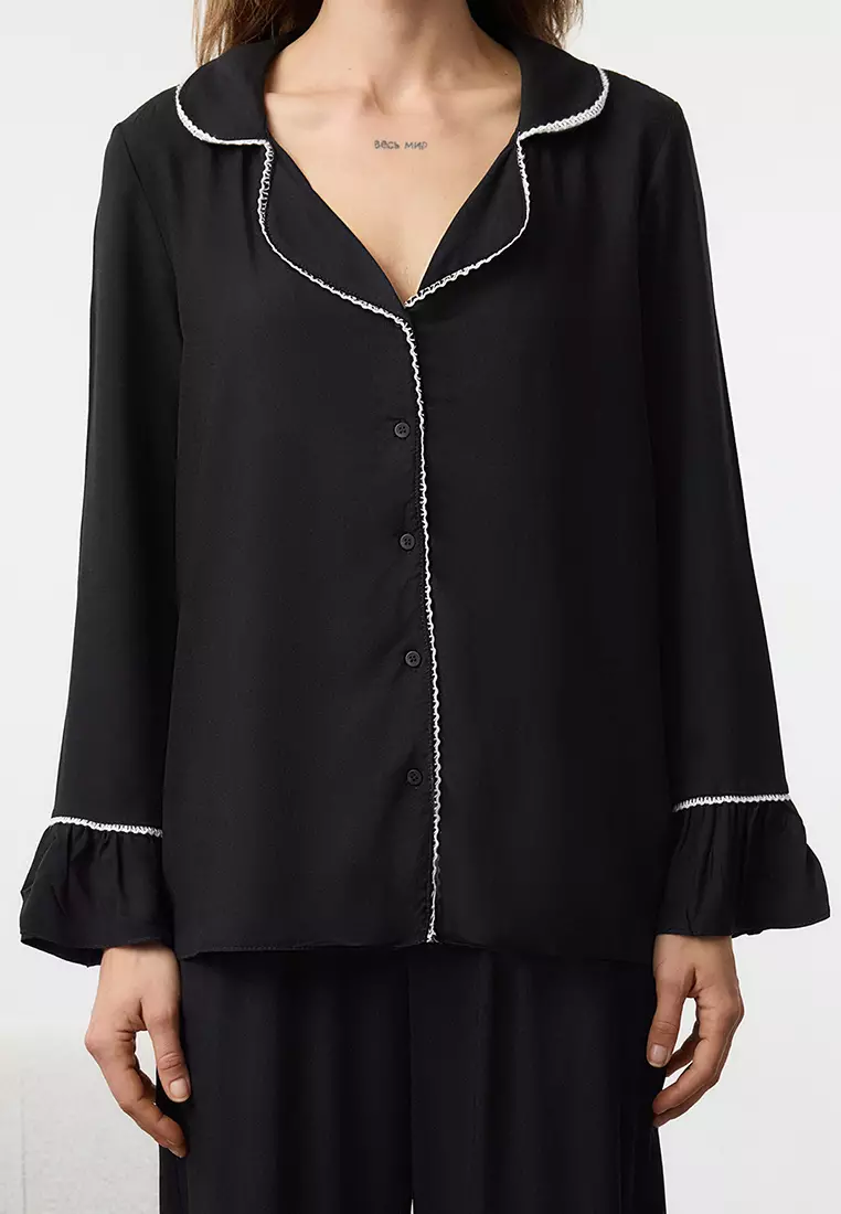 Lace and Flounce Detail Woven Pajama Set