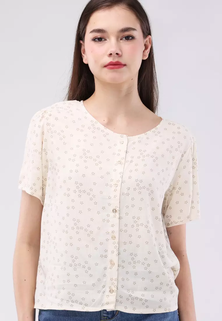 Printed Soft Linen Short Sleeves Round Neck Blouse