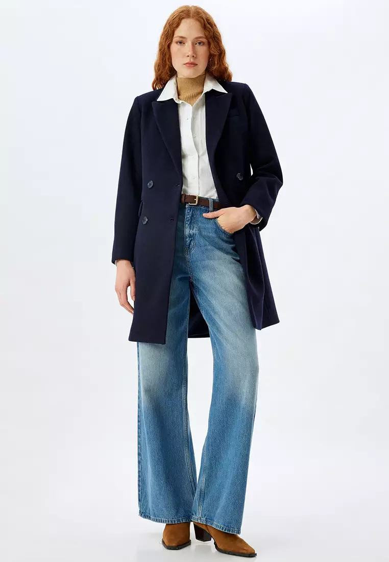 Long Cashmere Coat Double Breasted Buttoned Pocket