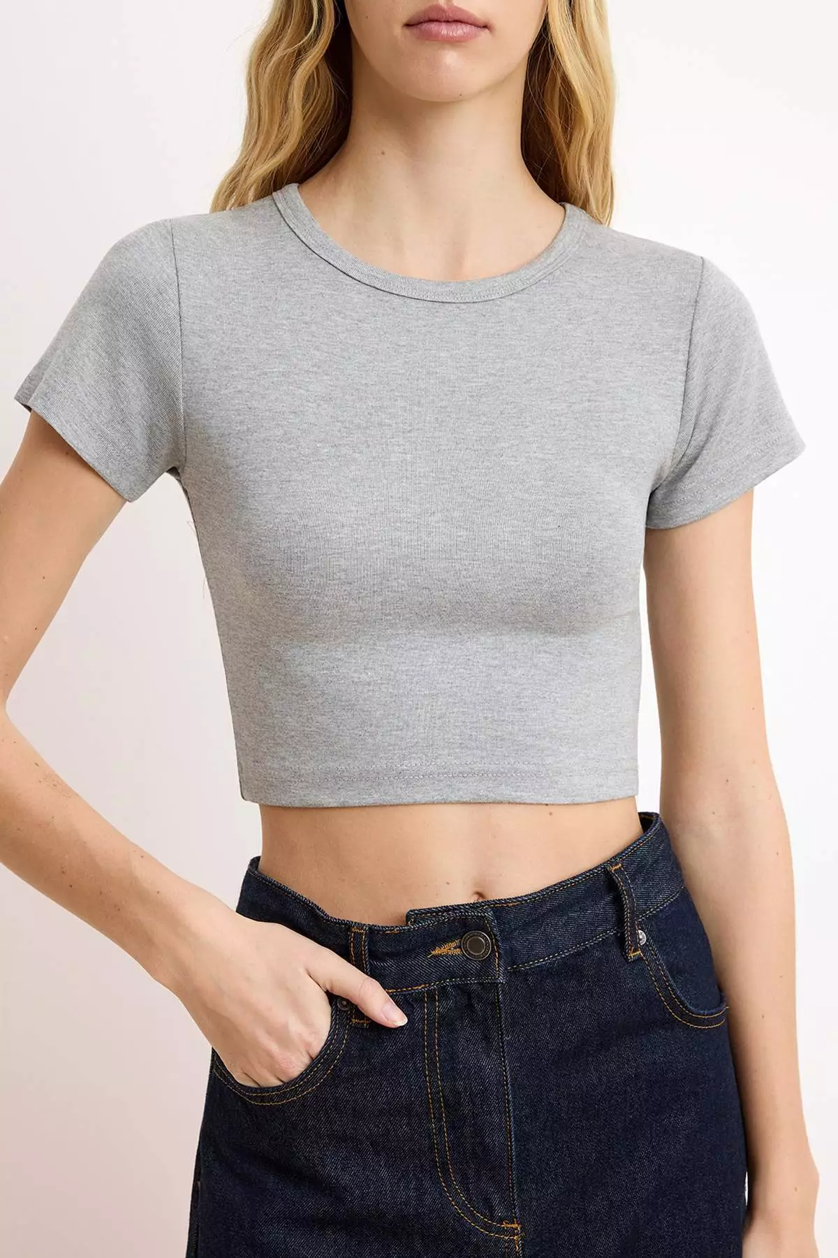 Navy Blue-Grey Melange 2-Pack Crop Viscose/Soft Fabric Stretchy Knitted Blouse Twoss23Bz18