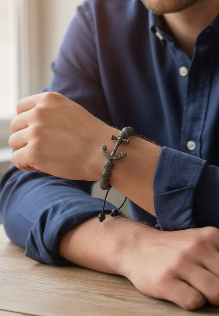 Aksesoris Gelang Pria Anchor Matte Labradorite Beads  Bracelet Black & Silver