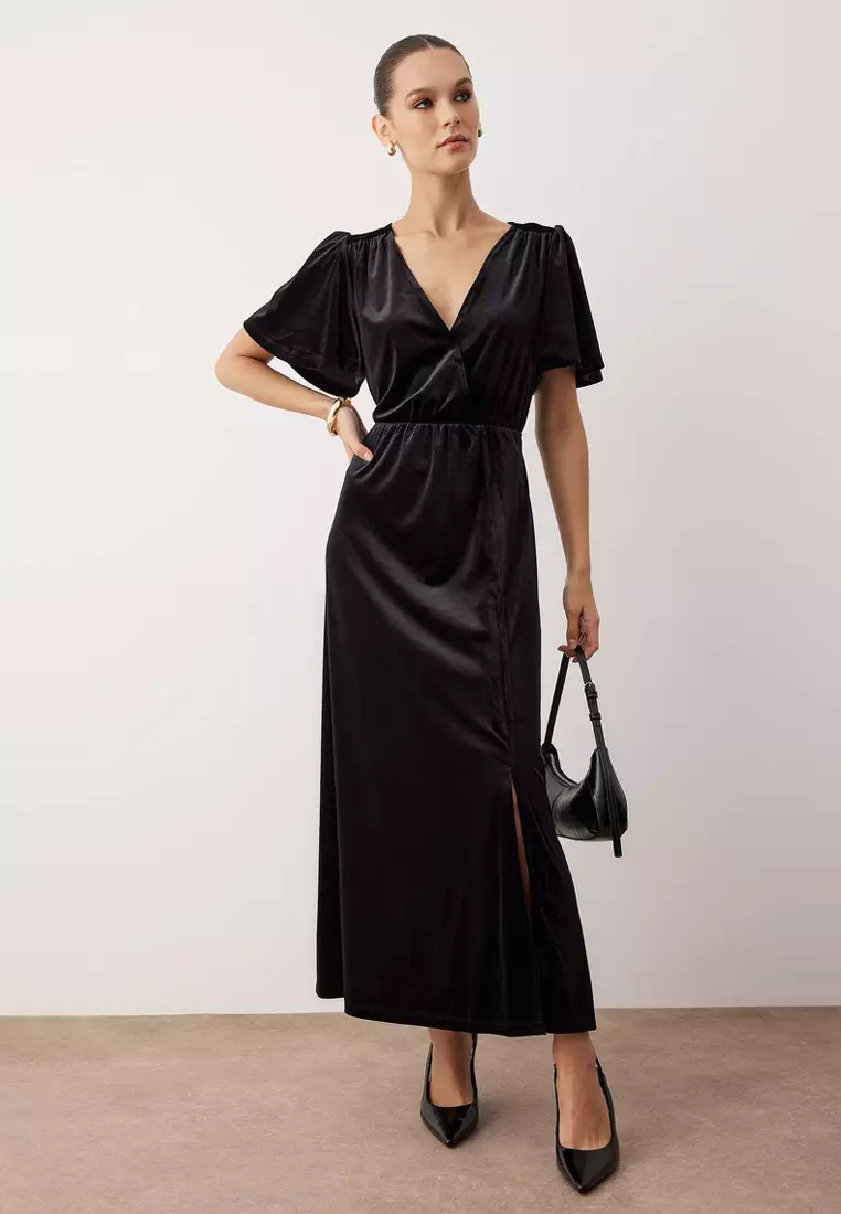 Black Velvet Double Breasted V-Neck Handkerchief Sleeve Plain Midi Knitted Dress Twoaw26El49