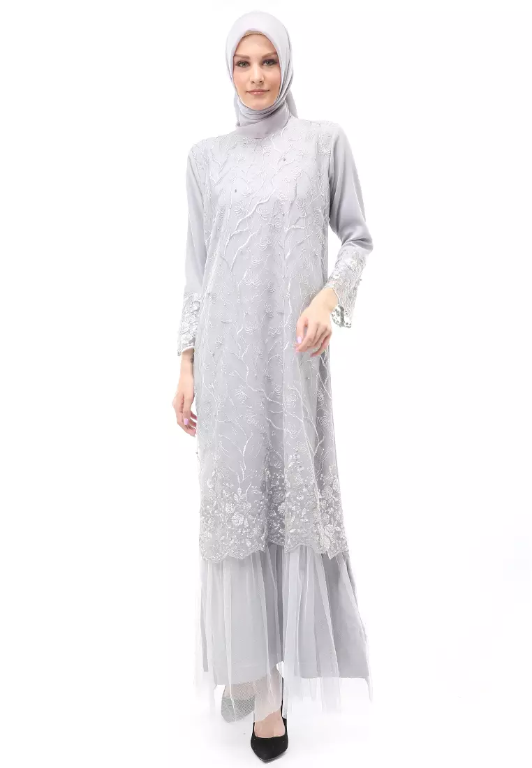Diana Gamis Brukat Wanita Muslimah Lapis Moscrepe Premium Quality - Grey