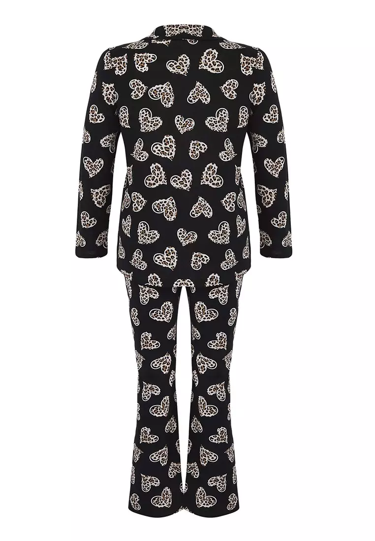 Black 100% Cotton Heart & Leopard Patterned Shirt-Pants Knitted Pajama Set Tbbaw26Ai00017