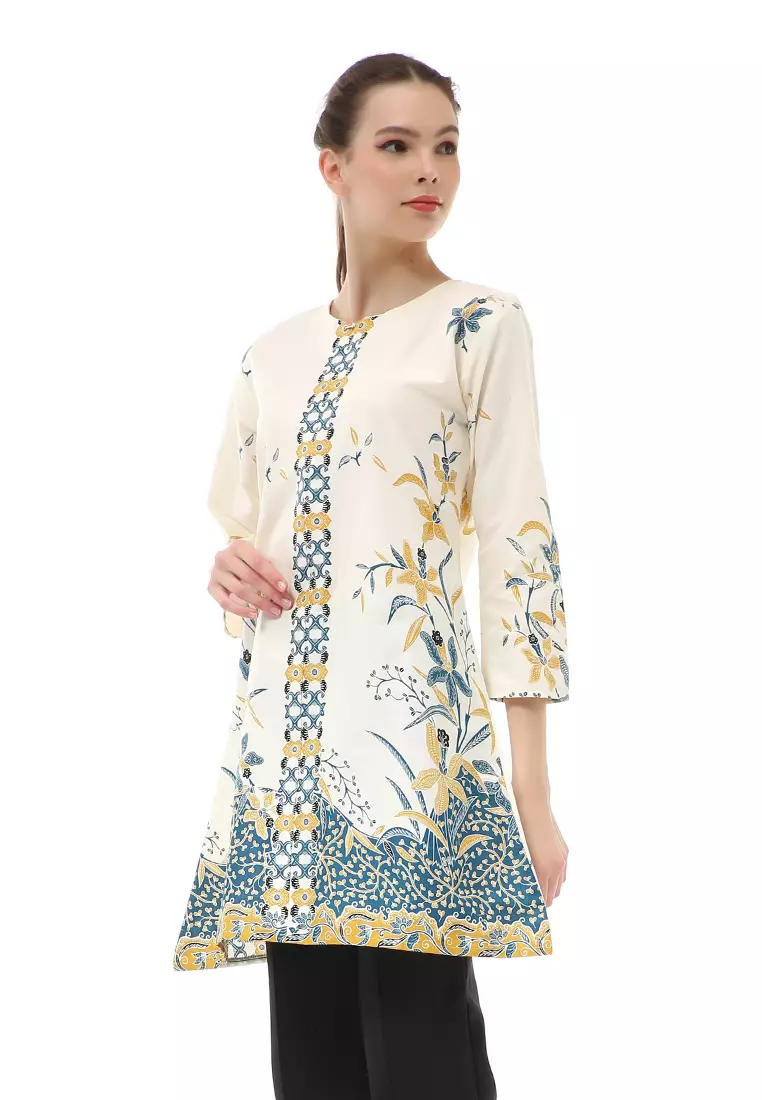 Olaf Atasan Batik Wanita Tunik Traditional Motive Simple Design Material Cotton ORIGINAL - White Blue Green