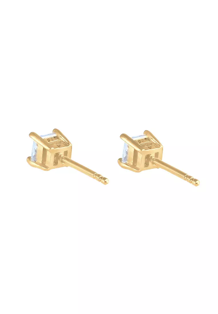 EXCLUSIVE Anting Perhiasan Perak 925 Pria Stud Earrings Square Basic Zirconia Gold Plated