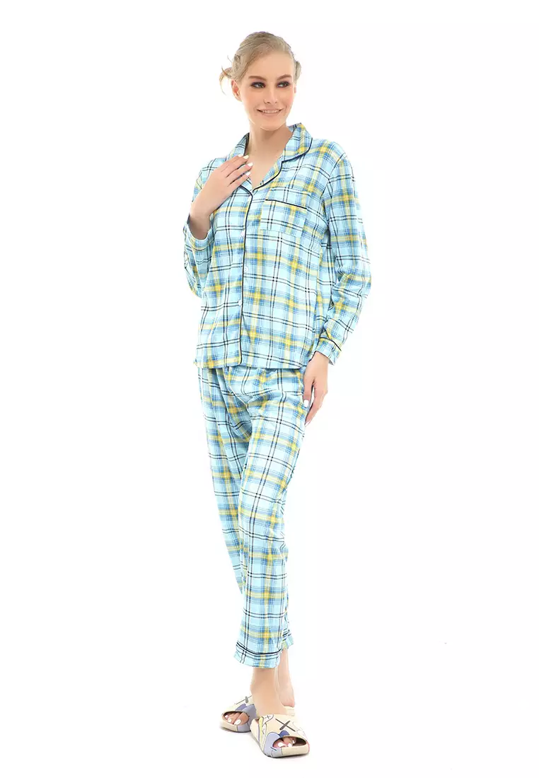 Vance Setelan Piyama Baju Tidur Wanita Lengan Panjang Motif Kotak Material Cotton ORIGINAL - Blue