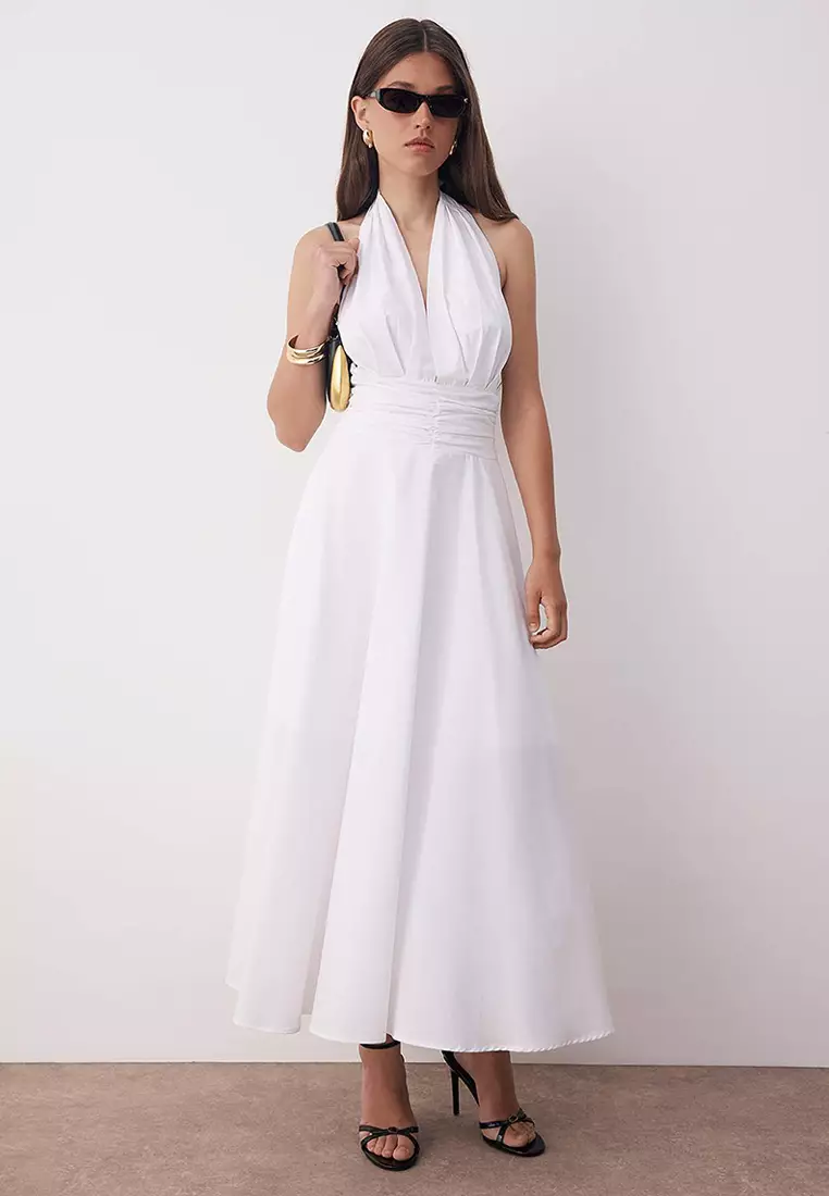White Low-Cut Halter Neck Poplin Lined Woven Dress