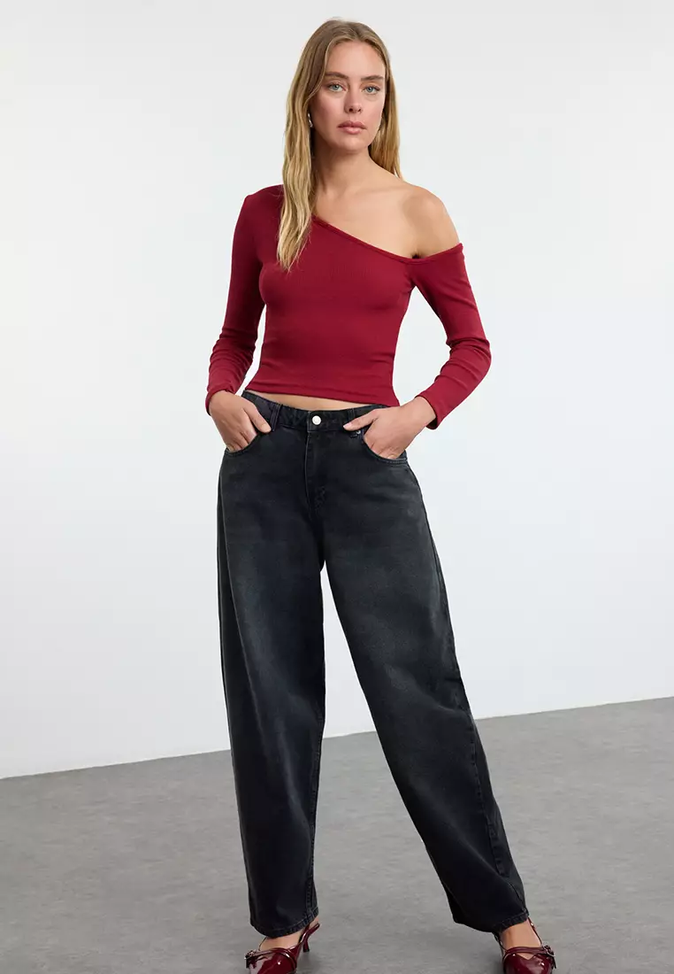 Asymmetric Collar Off The Shoulder Ribbed Burgundy Knitted Blouse