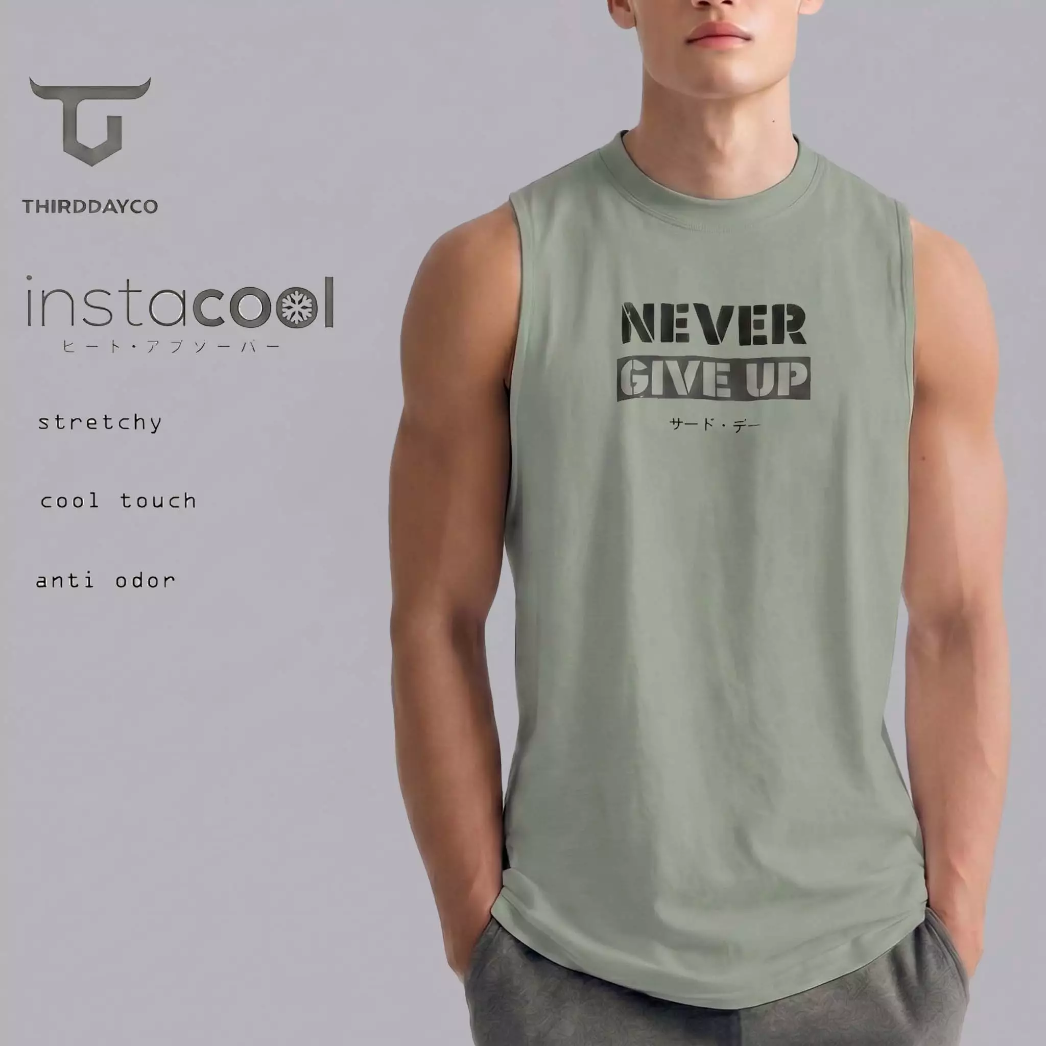 THIRDDAY Kaos Kutung Tank Top Instacool "never give up" sage MUA53