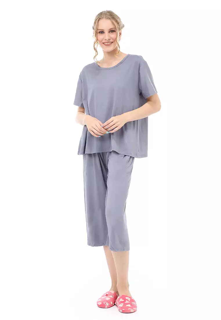 Vance Setelan Piyama Baju Tidur Wanita Celana Pendek 7/8 Material Spandex ORIGINAL - Gray