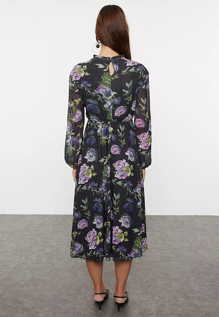 Chiffon Floral Pattern Midi Dress