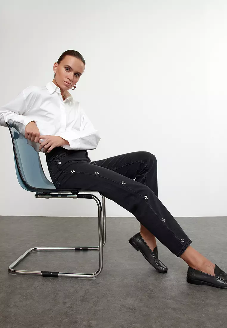 High Waist Mom Jeans with Rhinestones