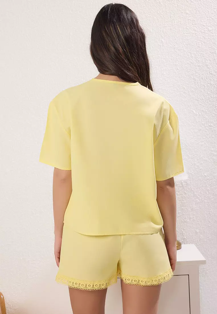 Yellow 100% Cotton Embroidered Poplin Shorts Woven Pajama Set Thmss25Pt00256