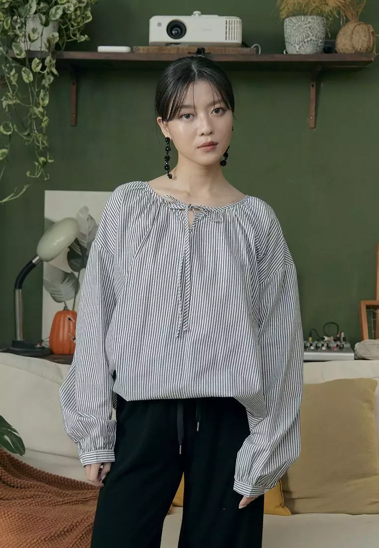 Loose Japanese-Style Tie-Neck Striped Long Sleeve To [AB19835]