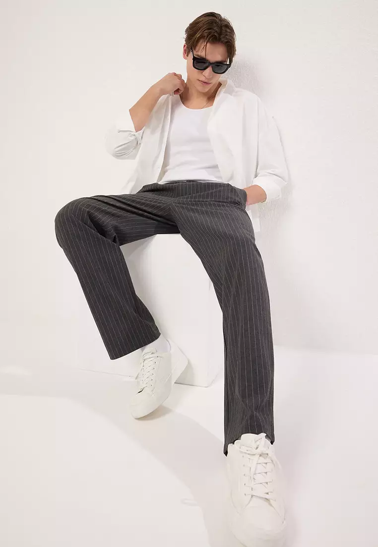 Anthracite Striped Pleated Classic Baggy Fit Fabric Trousers TMNSS24PL00024