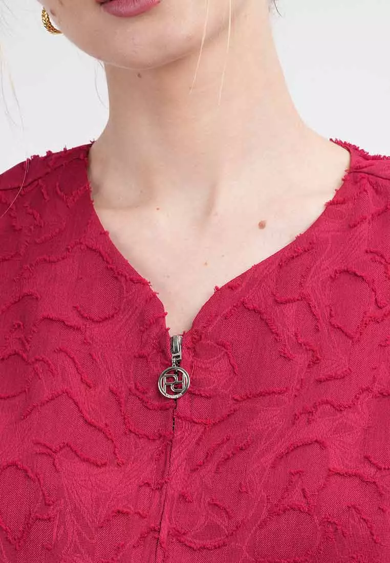 Sola Textured Zip-Front Blouse with Puff Sleeves