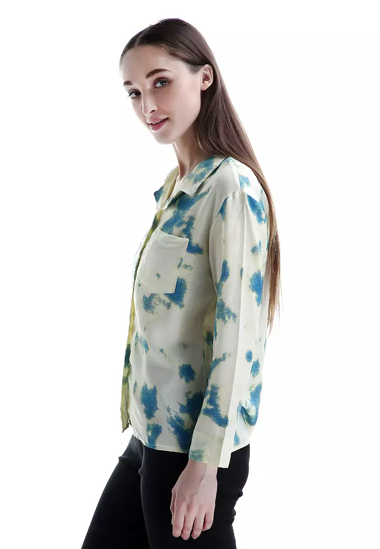 Oakley Long Shirt Tie Dye Design Simple Kemeja Atasan Wanita - Hijau