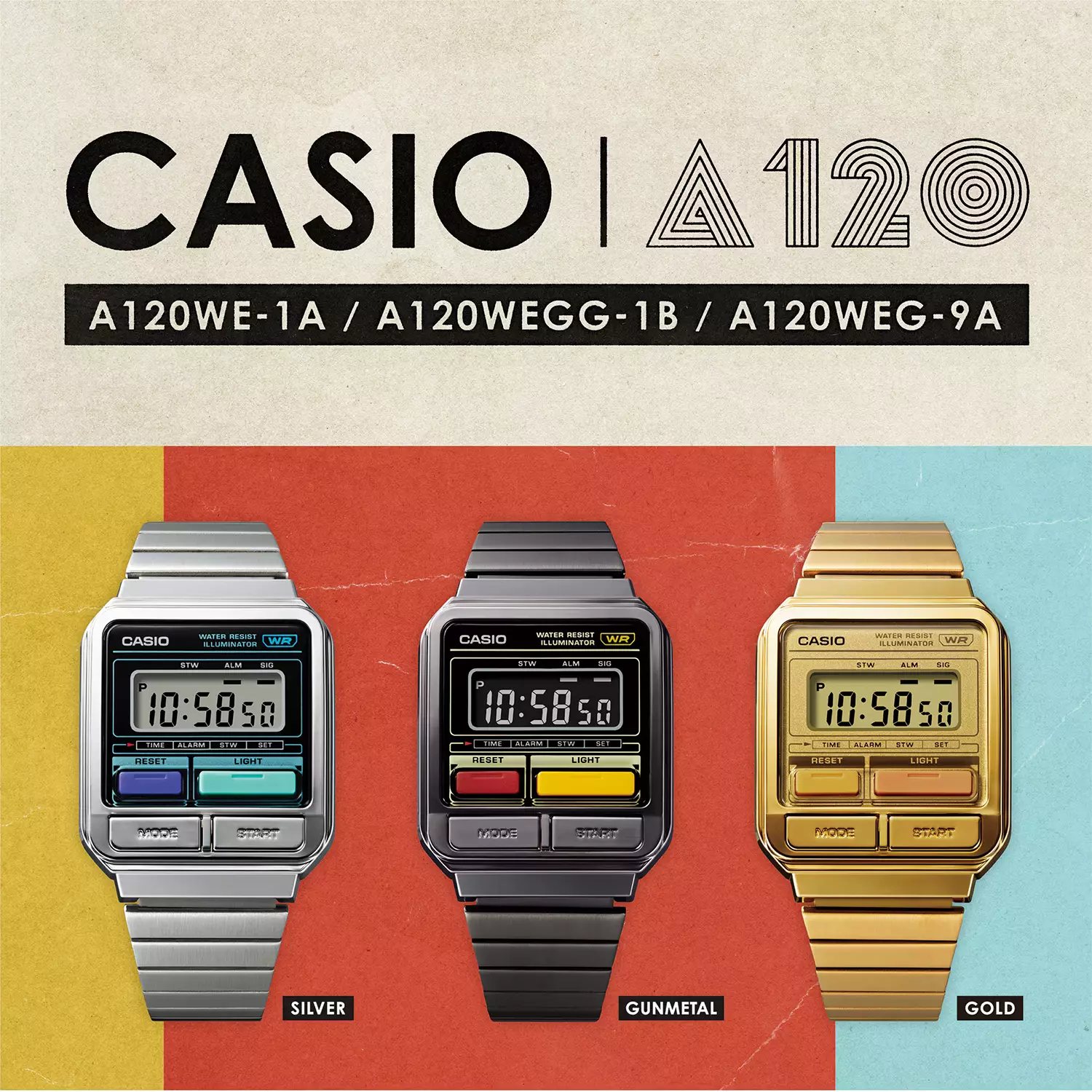 Casio Vintage - Jam Tangan Digital Unisex - Grey Tone Resin Case - Black Stainless Steel Band - A120WEGG-1B
