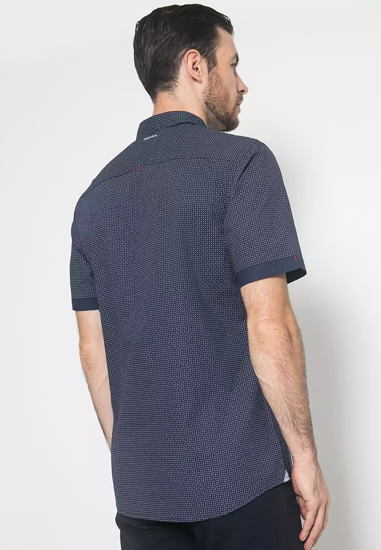 Johnwin - Kemeja Casual - Motif Polkadot - Navy - Slim Fit